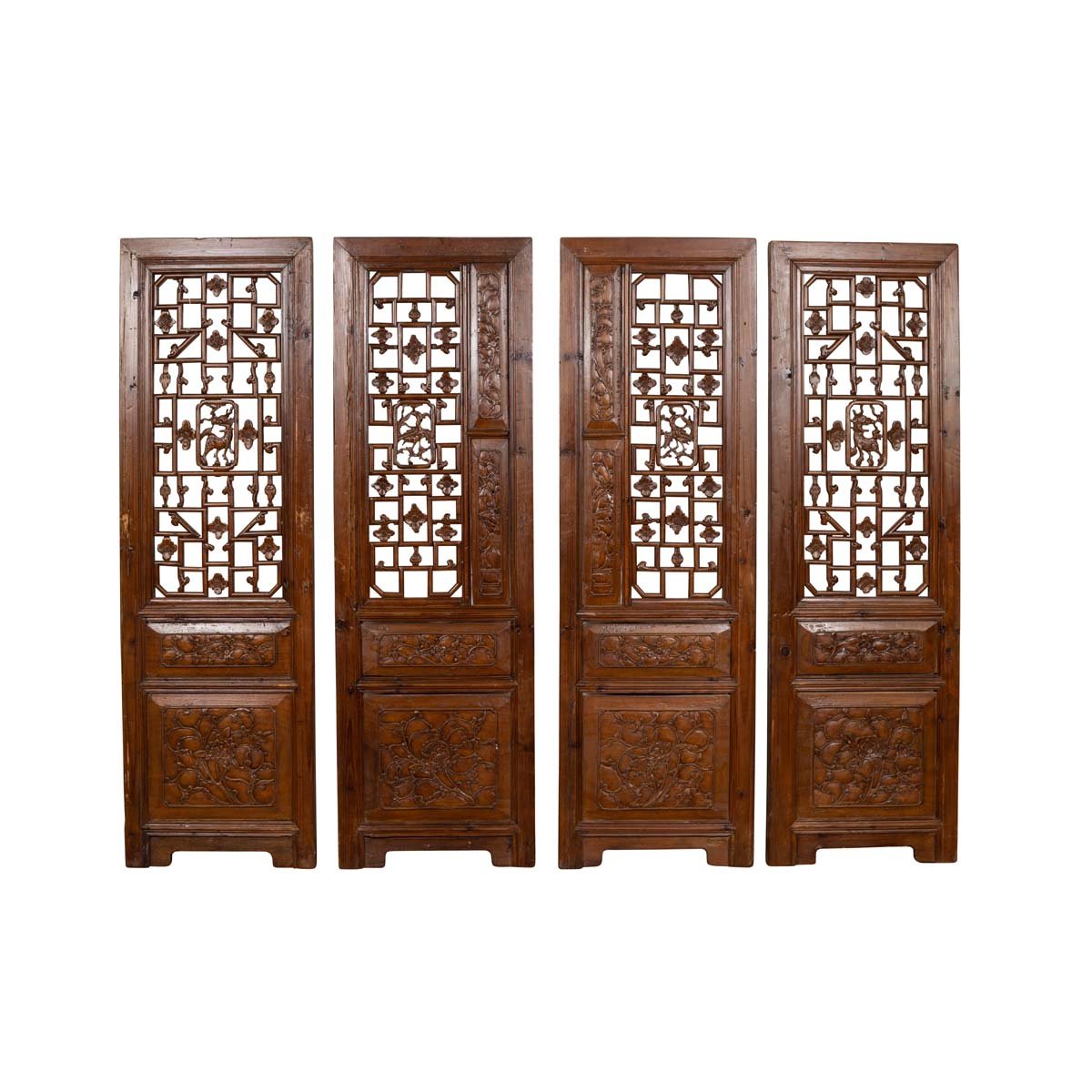 Set of Four Carved Elm Screen Panels with Fretwork, Foliage and Floral Motifs-1. Asian & Chinese Furniture, Art, Antiques, Vintage Home Décor for sale at FEA Home