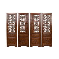 Set of Four Carved Elm Screen Panels with Fretwork, Foliage and Floral Motifs