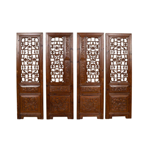 Set of Four Carved Elm Screen Panels with Fretwork, Foliage and Floral Motifs-YN6534-1. Asian & Chinese Furniture, Art, Antiques, Vintage Home Décor for sale at FEA Home