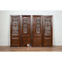 Set of Four Carved Elm Screen Panels with Fretwork, Foliage and Floral Motifs