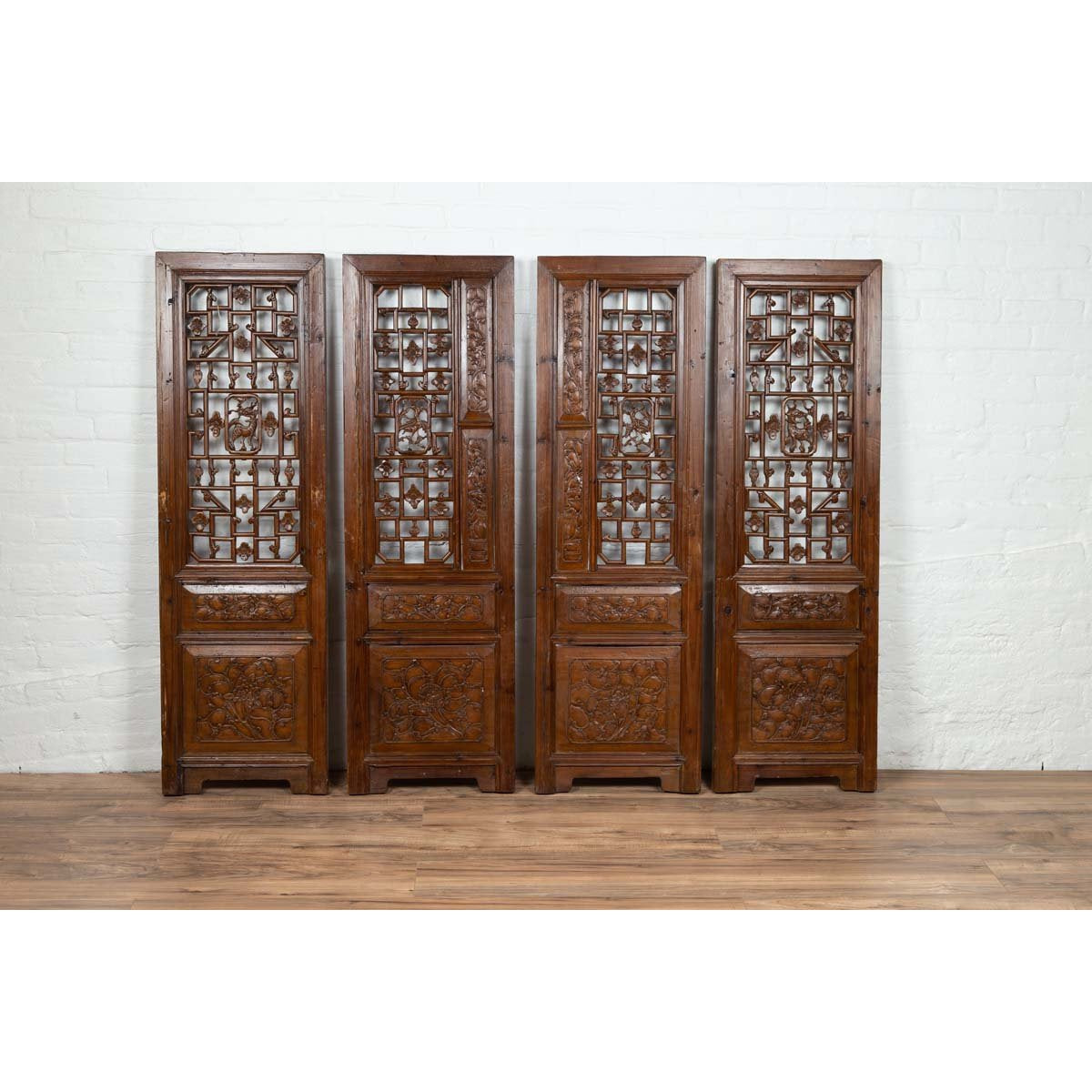 Set of Four Carved Elm Screen Panels with Fretwork, Foliage and Floral Motifs-4. Asian &amp; Chinese Furniture, Art, Antiques, Vintage Home Décor for sale at FEA Home