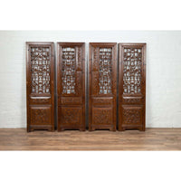 Set of Four Carved Elm Screen Panels with Fretwork, Foliage and Floral Motifs