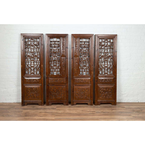 Set of Four Carved Elm Screen Panels with Fretwork, Foliage and Floral Motifs-YN6534-4. Asian & Chinese Furniture, Art, Antiques, Vintage Home Décor for sale at FEA Home