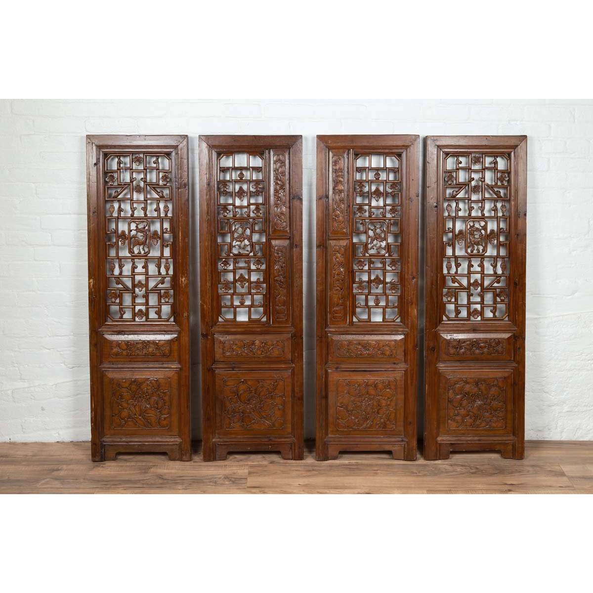 Set of Four Carved Elm Screen Panels with Fretwork, Foliage and Floral Motifs-5. Asian &amp; Chinese Furniture, Art, Antiques, Vintage Home Décor for sale at FEA Home