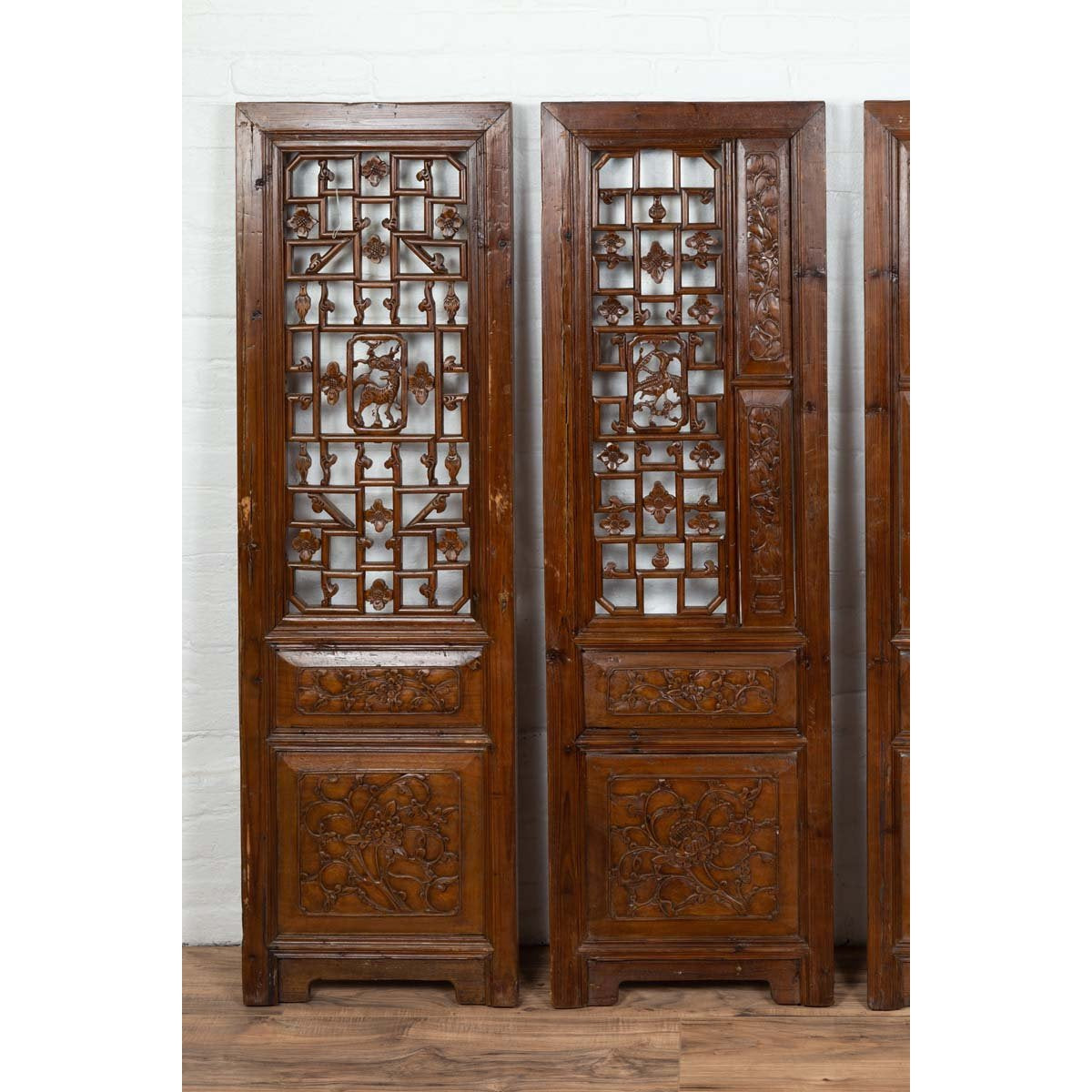 Set of Four Carved Elm Screen Panels with Fretwork, Foliage and Floral Motifs-6. Asian &amp; Chinese Furniture, Art, Antiques, Vintage Home Décor for sale at FEA Home