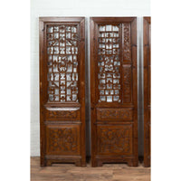 Set of Four Carved Elm Screen Panels with Fretwork, Foliage and Floral Motifs