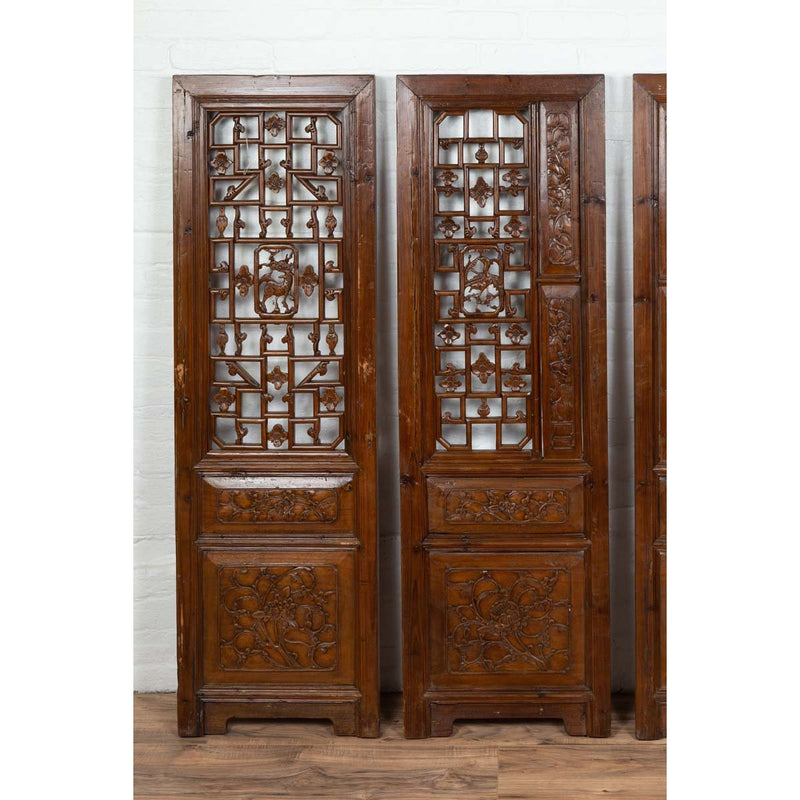 Set of Four Carved Elm Screen Panels with Fretwork, Foliage and Floral Motifs-YN6534-6. Asian & Chinese Furniture, Art, Antiques, Vintage Home Décor for sale at FEA Home