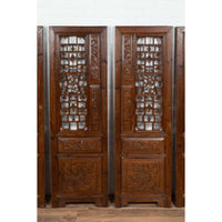 Set of Four Carved Elm Screen Panels with Fretwork, Foliage and Floral Motifs