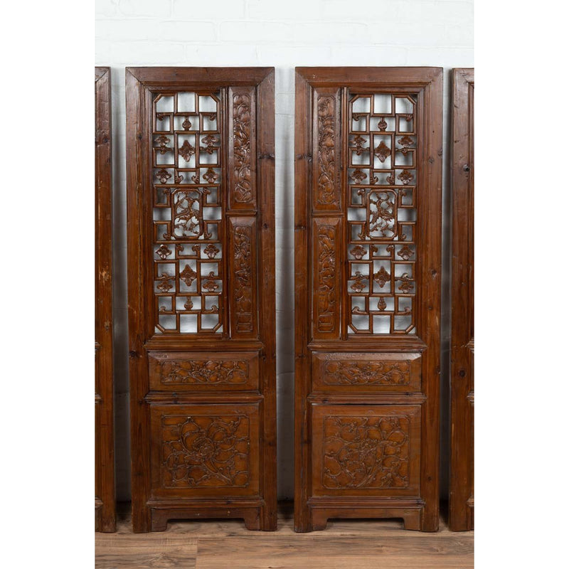 Set of Four Carved Elm Screen Panels with Fretwork, Foliage and Floral Motifs-YN6534-7. Asian & Chinese Furniture, Art, Antiques, Vintage Home Décor for sale at FEA Home