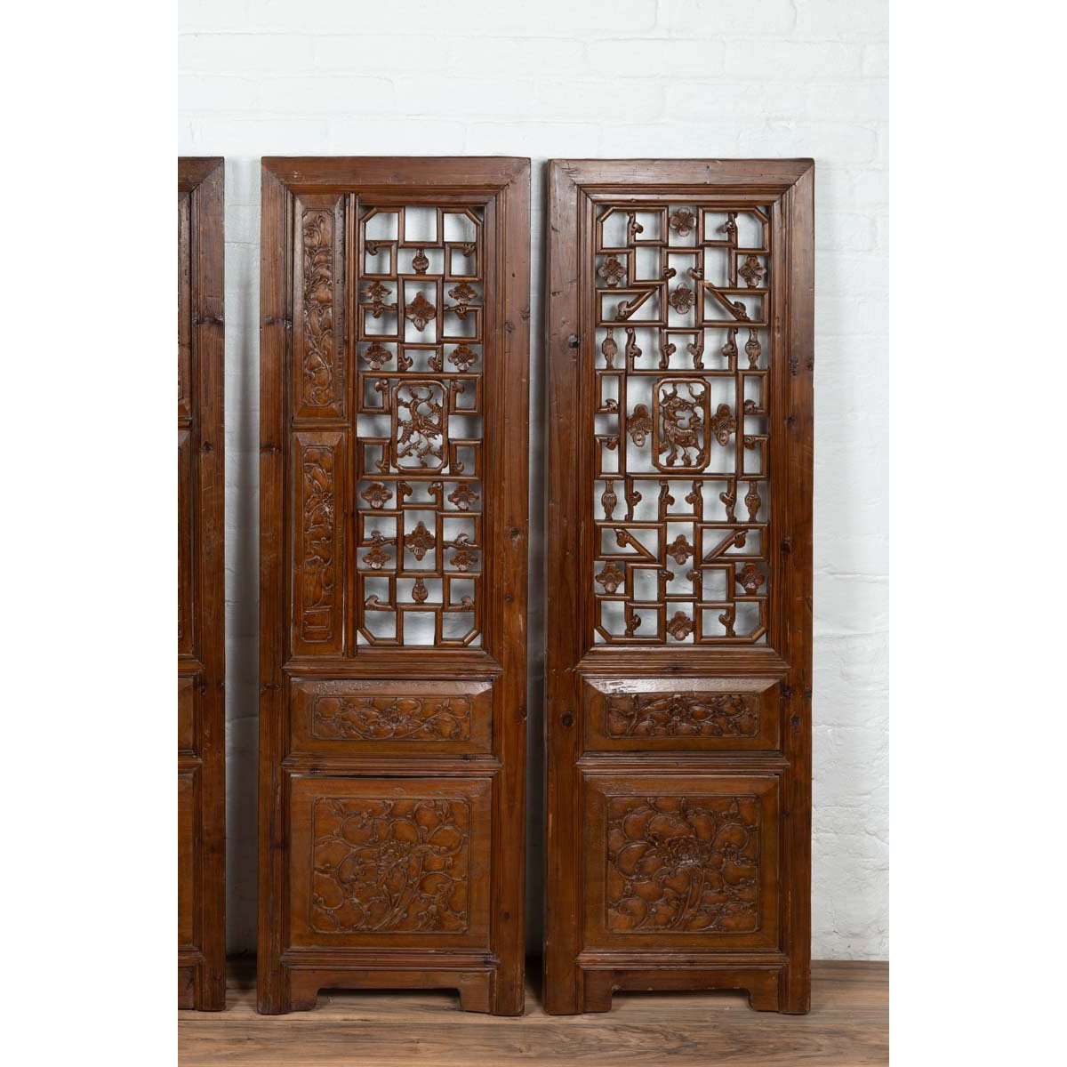 Set of Four Carved Elm Screen Panels with Fretwork, Foliage and Floral Motifs-8. Asian &amp; Chinese Furniture, Art, Antiques, Vintage Home Décor for sale at FEA Home