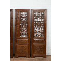 Set of Four Carved Elm Screen Panels with Fretwork, Foliage and Floral Motifs