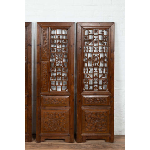 Set of Four Carved Elm Screen Panels with Fretwork, Foliage and Floral Motifs-YN6534-8. Asian & Chinese Furniture, Art, Antiques, Vintage Home Décor for sale at FEA Home