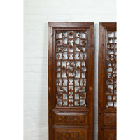 Set of Four Carved Elm Screen Panels with Fretwork, Foliage and Floral Motifs