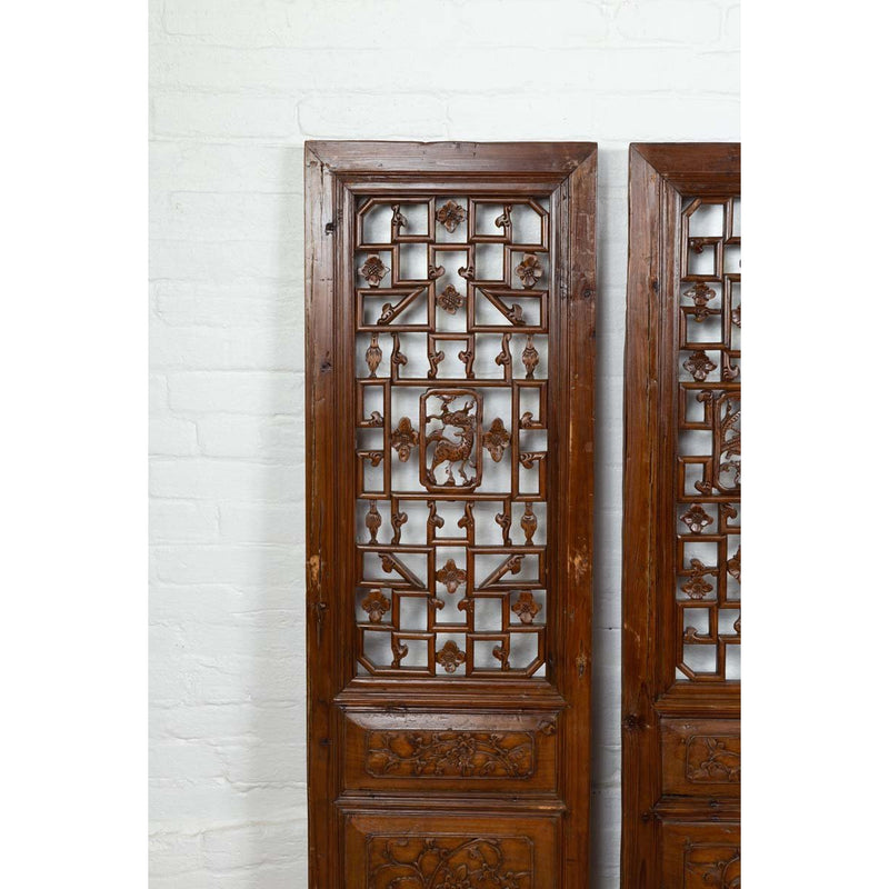 Set of Four Carved Elm Screen Panels with Fretwork, Foliage and Floral Motifs-YN6534-9. Asian & Chinese Furniture, Art, Antiques, Vintage Home Décor for sale at FEA Home