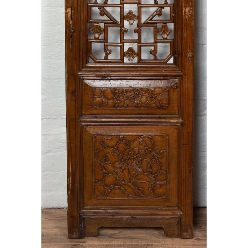 Set of Four Carved Elm Screen Panels with Fretwork, Foliage and Floral Motifs-YN6534-10. Asian & Chinese Furniture, Art, Antiques, Vintage Home Décor for sale at FEA Home