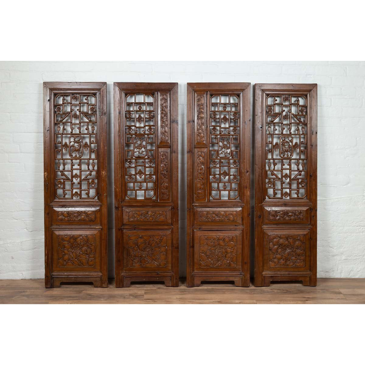 Set of Four Carved Elm Screen Panels with Fretwork, Foliage and Floral Motifs-2. Asian & Chinese Furniture, Art, Antiques, Vintage Home Décor for sale at FEA Home