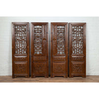 Set of Four Carved Elm Screen Panels with Fretwork, Foliage and Floral Motifs