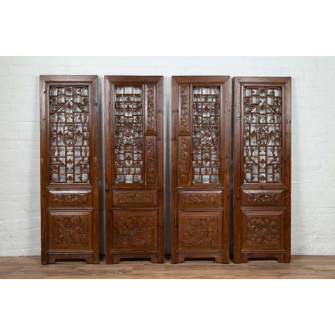 Set of Four Carved Elm Screen Panels with Fretwork, Foliage and Floral Motifs-YN6534-2. Asian & Chinese Furniture, Art, Antiques, Vintage Home Décor for sale at FEA Home