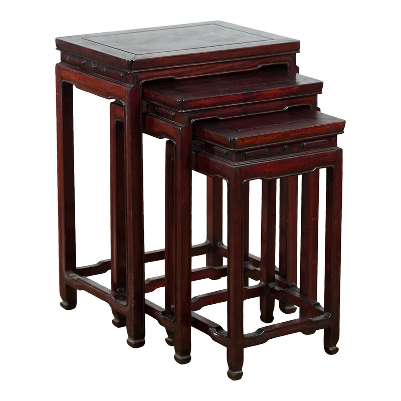 Set of Three Chinese Vintage Rosewood Nesting Tables with Reddish Brown Patina-1. Asian & Chinese Furniture, Art, Antiques, Vintage Home Décor for sale at FEA Home