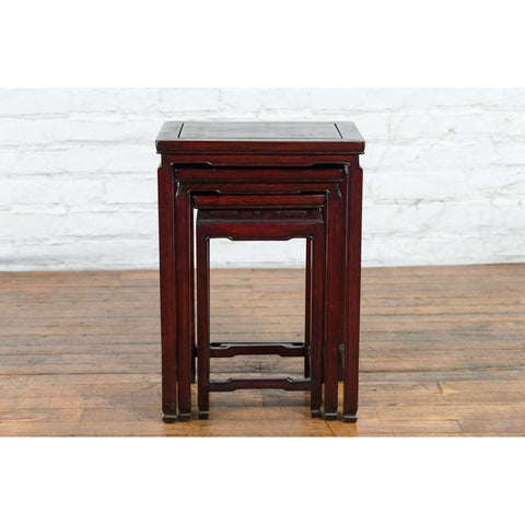 Set of Three Chinese Vintage Rosewood Nesting Tables with Reddish Brown Patina-4. Asian & Chinese Furniture, Art, Antiques, Vintage Home Décor for sale at FEA Home