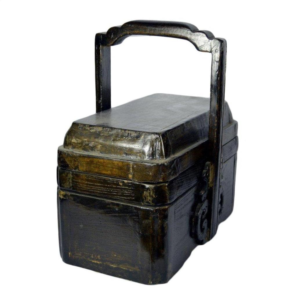 Dark brown wood Shandong Elm wedding box with carved accents and handle, antique finish, close-up.