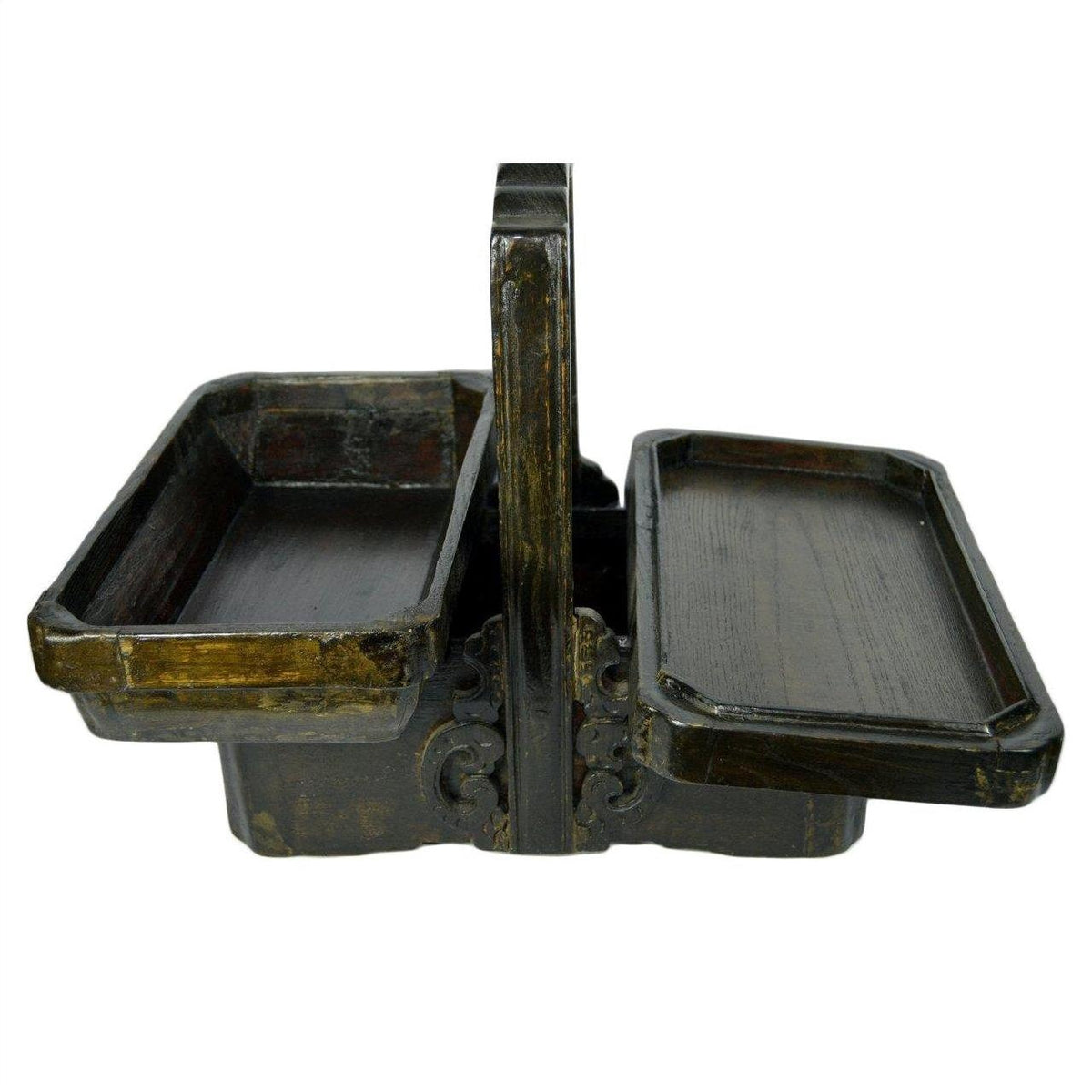 Brown wooden basket with handle, includes two rectangular trays, one open, vintage look, in good condition.