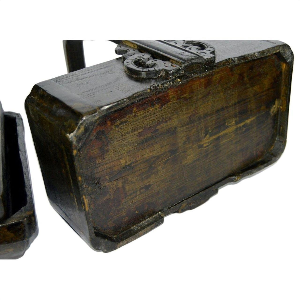 Close-up of brown elm wood box with metal hinges, featuring a well-preserved, weathered surface.