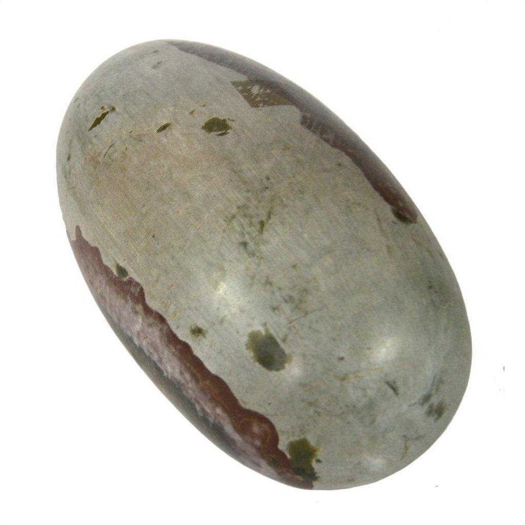 Close-up of large oval Shiva Lingam fertility stone, smooth metallic surface with reddish-brown and gray patches on white.