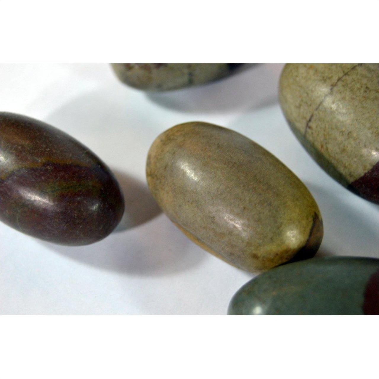 Brown and gray smooth oval Shiva Lingam fertility stones on a white surface, close-up view.