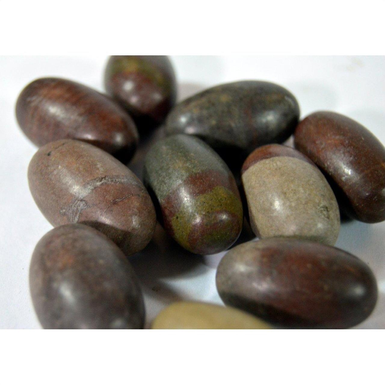 Brown and gray Shiva Lingam small fertility stones on a white surface, close-up view.