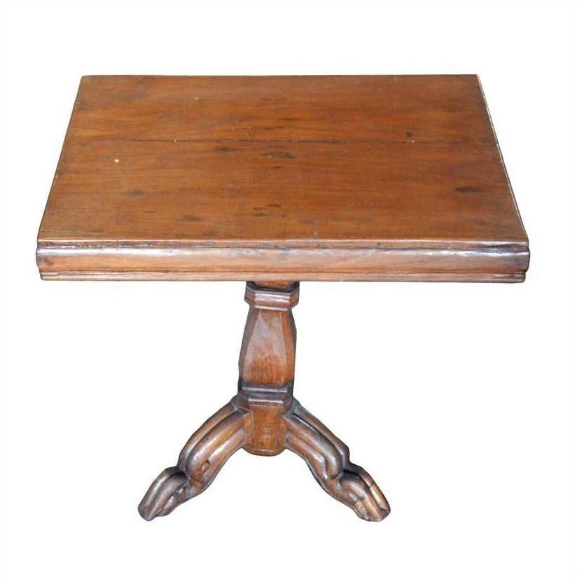 Brown wooden Colonial tripod table with rectangular top and central pedestal base, natural patina finish.