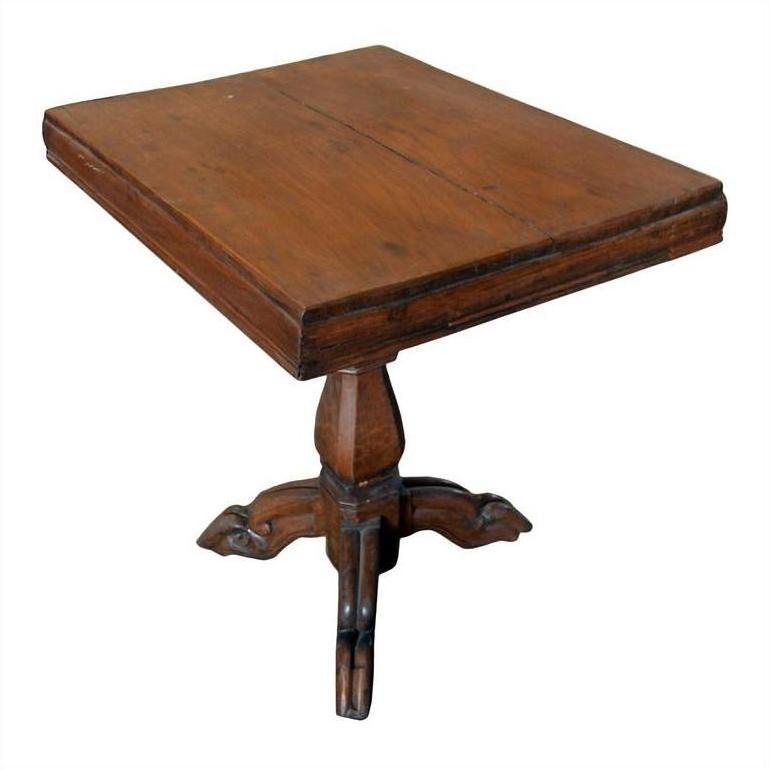 Natural wood handmade Colonial tripod table with square top and single pedestal base, vintage patina, isolated view.