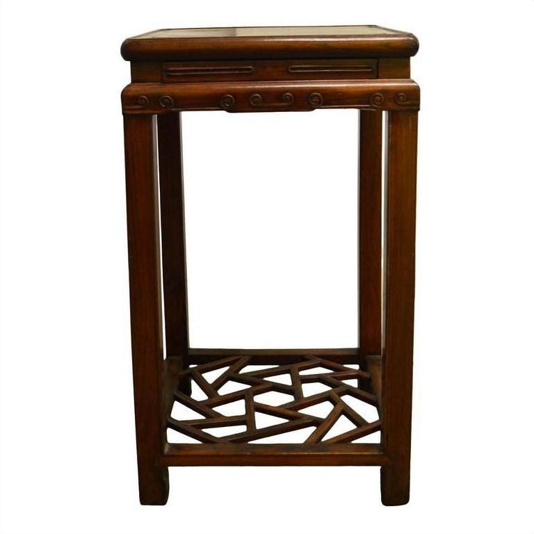 Light brown wooden side table with straight legs and a lower shelf in cracked ice lattice design.