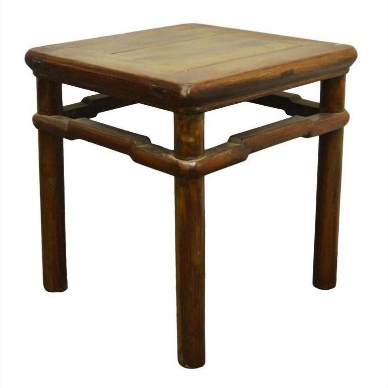 Natural wood elm table or stool with square top, four thick legs, rustic finish, close-up furniture product image.
