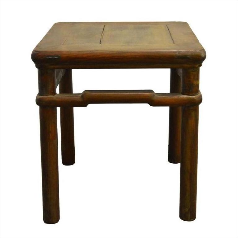 Natural elm wood square table or stool with rustic finish, shown in close-up as a versatile furniture piece.