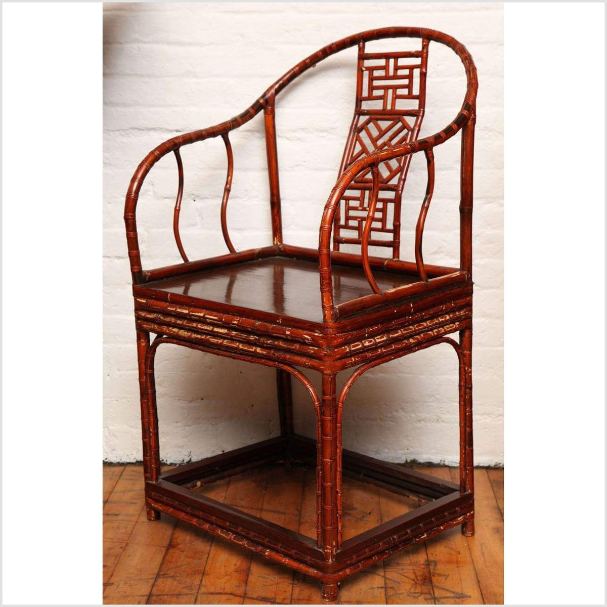 Single 19th Century Chinese Horseshoe-Back Bamboo Armchair with Elm Base-4. Asian &amp; Chinese Furniture, Art, Antiques, Vintage Home Décor for sale at FEA Home