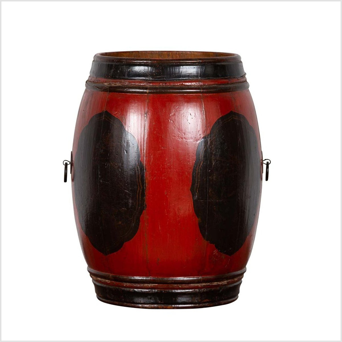 Small Chinese Vintage Wooden Barrel Planter with Red and Black Lacquered Decor-1. Asian & Chinese Furniture, Art, Antiques, Vintage Home Décor for sale at FEA Home