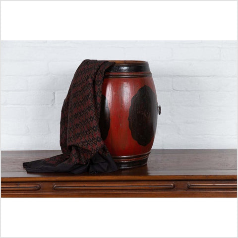 Small Chinese Vintage Wooden Barrel Planter with Red and Black Lacquered Decor-YN6309-3. Asian & Chinese Furniture, Art, Antiques, Vintage Home Décor for sale at FEA Home