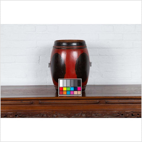 Small Chinese Vintage Wooden Barrel Planter with Red and Black Lacquered Decor-YN6309-4. Asian & Chinese Furniture, Art, Antiques, Vintage Home Décor for sale at FEA Home