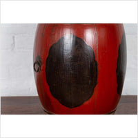 Small Chinese Vintage Wooden Barrel Planter with Red and Black Lacquered Decor