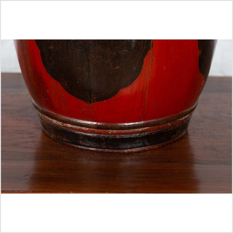 Small Chinese Vintage Wooden Barrel Planter with Red and Black Lacquered Decor-YN6309-8. Asian & Chinese Furniture, Art, Antiques, Vintage Home Décor for sale at FEA Home