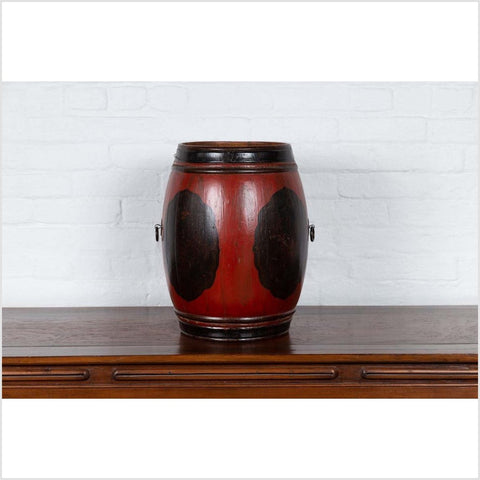 Small Chinese Vintage Wooden Barrel Planter with Red and Black Lacquered Decor-YN6309-10. Asian & Chinese Furniture, Art, Antiques, Vintage Home Décor for sale at FEA Home