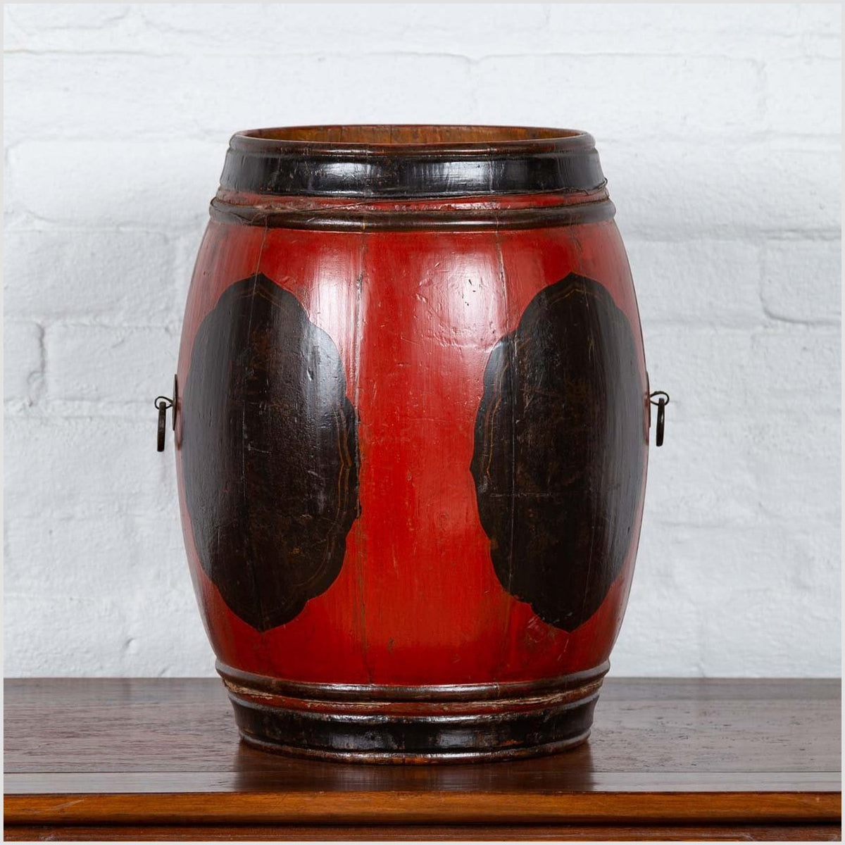 Small Chinese Vintage Wooden Barrel Planter with Red and Black Lacquered Decor-2. Asian & Chinese Furniture, Art, Antiques, Vintage Home Décor for sale at FEA Home