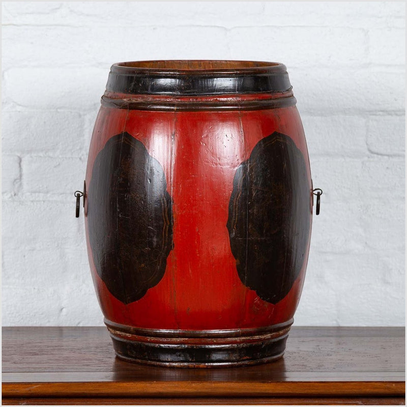 Small Chinese Vintage Wooden Barrel Planter with Red and Black Lacquered Decor-YN6309-2. Asian & Chinese Furniture, Art, Antiques, Vintage Home Décor for sale at FEA Home