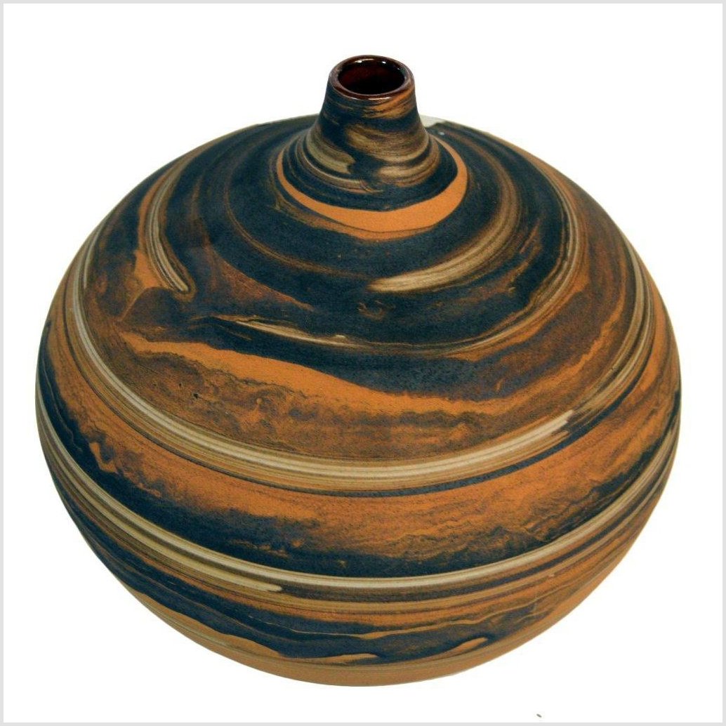 Small Round Vase with Orange & Black Hues-2. Asian & Chinese Furniture, Art, Antiques, Vintage Home Décor for sale at FEA Home