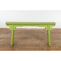 Small Vintage Javanese Bench with A-Frame Base and Custom Green Finish