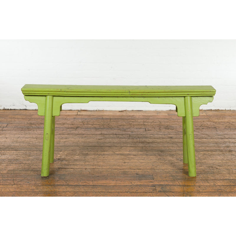 This-is-a-picture-of-a-Small Vintage Javanese Bench with A-Frame Base and Custom Green Finish-image-position-1-style-YN7653-Shop-for-Vintage-and-Antique-Asian-and-Chinese-Furniture-for-sale-at-FEA Home-NYC