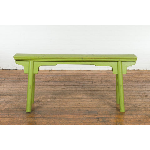 Small Vintage Javanese Bench with A-Frame Base and Custom Green Finish-YN7653-1. Asian & Chinese Furniture, Art, Antiques, Vintage Home Décor for sale at FEA Home