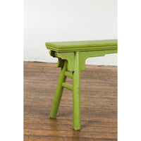 Small Vintage Javanese Bench with A-Frame Base and Custom Green Finish