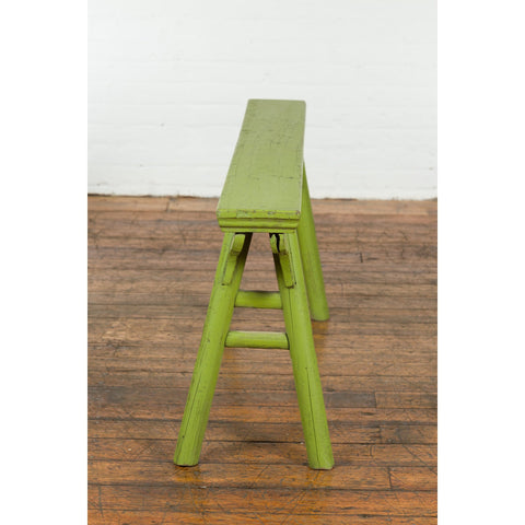 This-is-a-picture-of-a-Small Vintage Javanese Bench with A-Frame Base and Custom Green Finish-image-position-12-style-YN7653-Shop-for-Vintage-and-Antique-Asian-and-Chinese-Furniture-for-sale-at-FEA Home-NYC